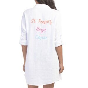 COLOURBROOKE White Embroidered Cotton Gauze Beach Cover-up Shirt